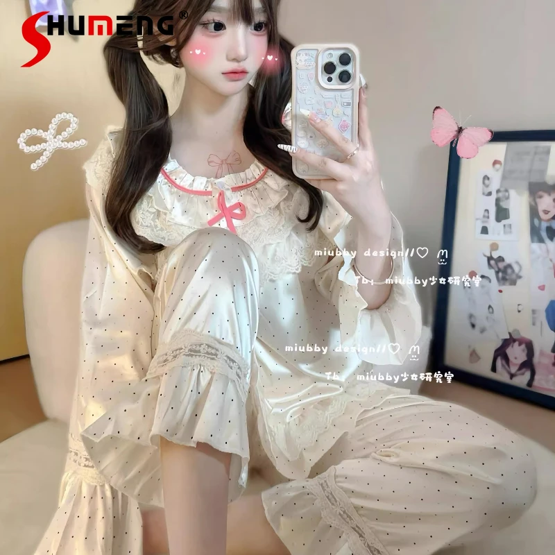 

Милый домашний костюм принцессы в корейском стиле, женский пижамный костюм в горошек с длинными рукавами из ледяного шелка, женский кружевной комплект для сна Pure Desire