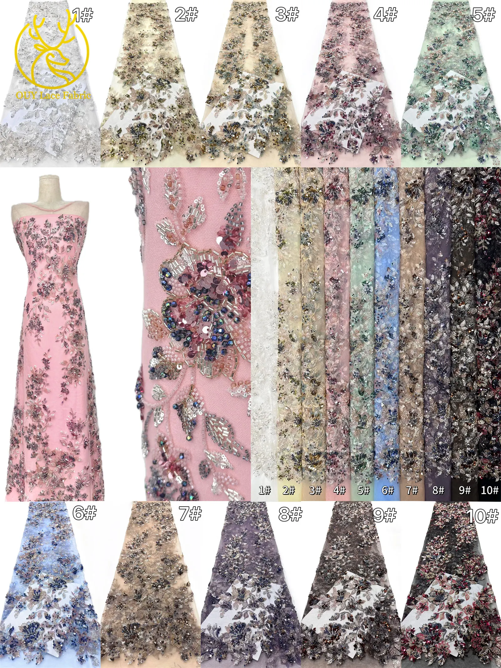 Elegantes neues Design, nigerianischer handgefertigter, stark perlenbesetzter Spitzenstoff, luxuriöse afrikanische französische Pailletten-Spitze für Damen-Partykleider zum Nähen – Detail 3