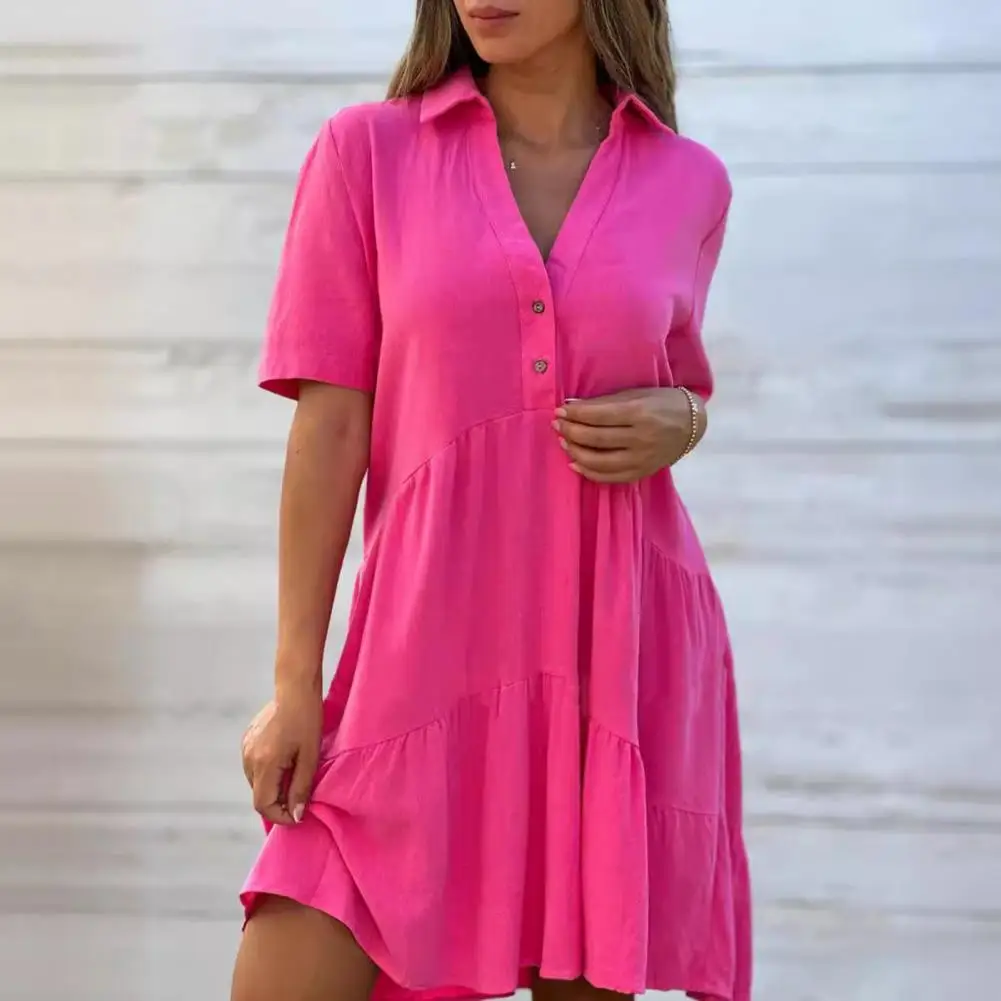 

Lady Midi Dress Stylish Summer Women's V Neck Pleated Patchwork A-line Dress with Swing Hem Solid Color Short Sleeves Knee