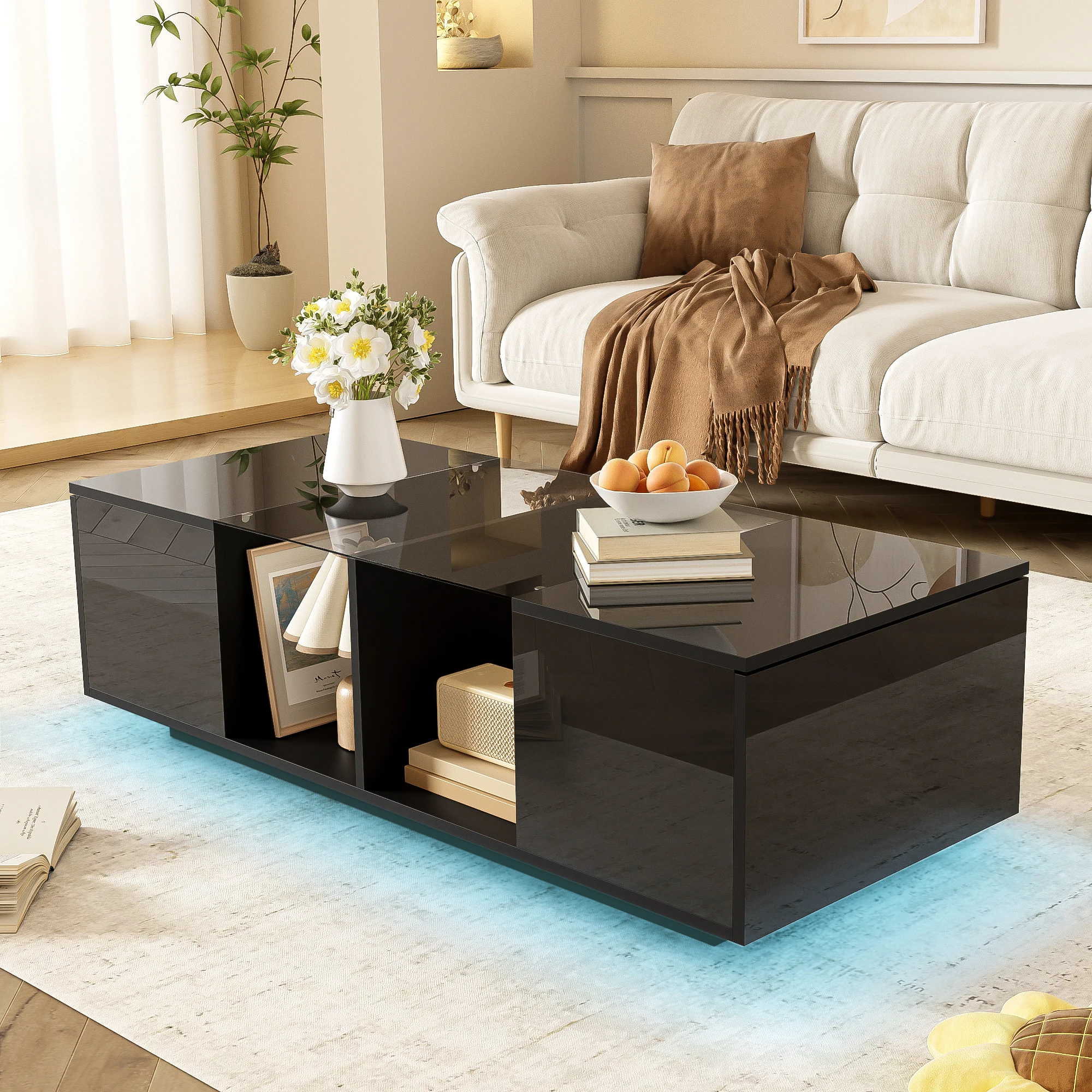 Table basse avec LED 16 couleurs et rangement - Plateau en verre, MDF brillant et mat noir 120 × 50 × 38,5 cm