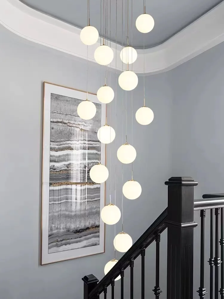 

Stair Long Chandelier Light Luxury Living Room Loft High Duplex Building Hollow Nordic Minimalist Glass Spherical Led Light