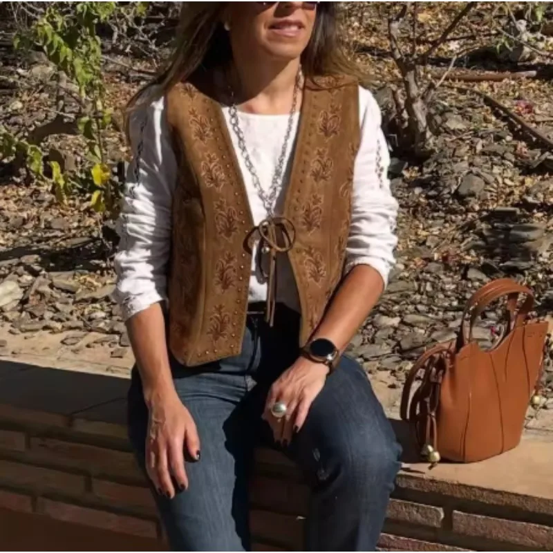Black Coffee Floral Embroidered Faux Suede Vest Women V Neck Tie Front Sleeveless Women Retro Casual Waistcoat 260702