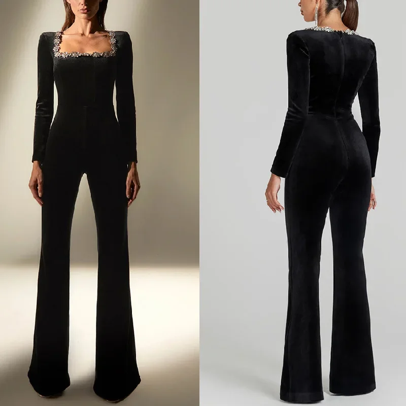 

Новинка 2025, женский черный бандажный комбинезон с квадратным вырезом и бриллиантами, высокой талией, широкий комбинезон, элегантный вечерние комбинезон
