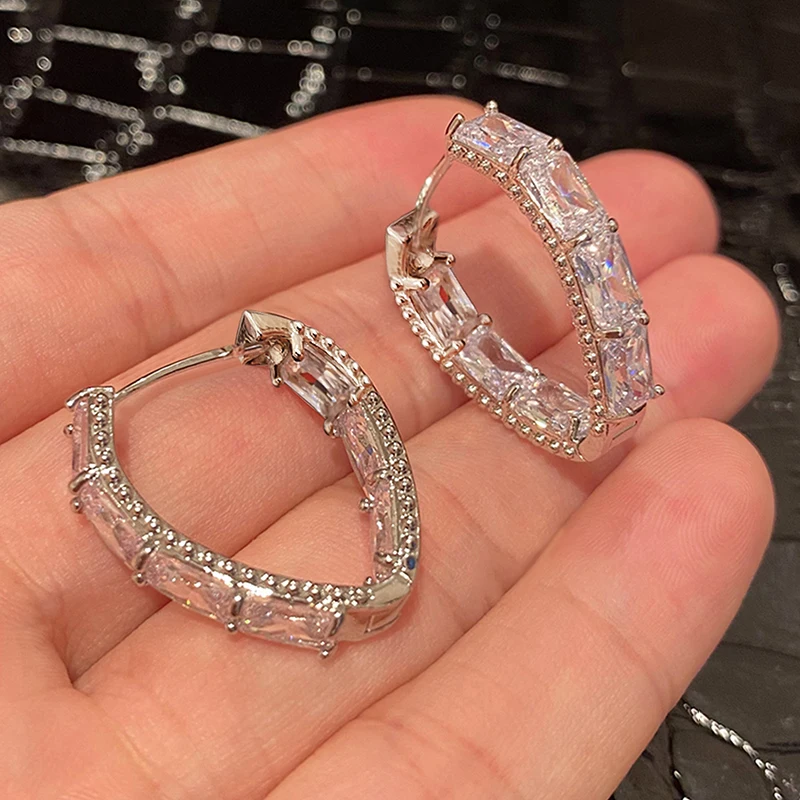 Huitan Luxury Geometric Zirconia Hoop Earrings Female Fashion Wedding Party Jewelry Gorgeous Silver Color Accessories for Women