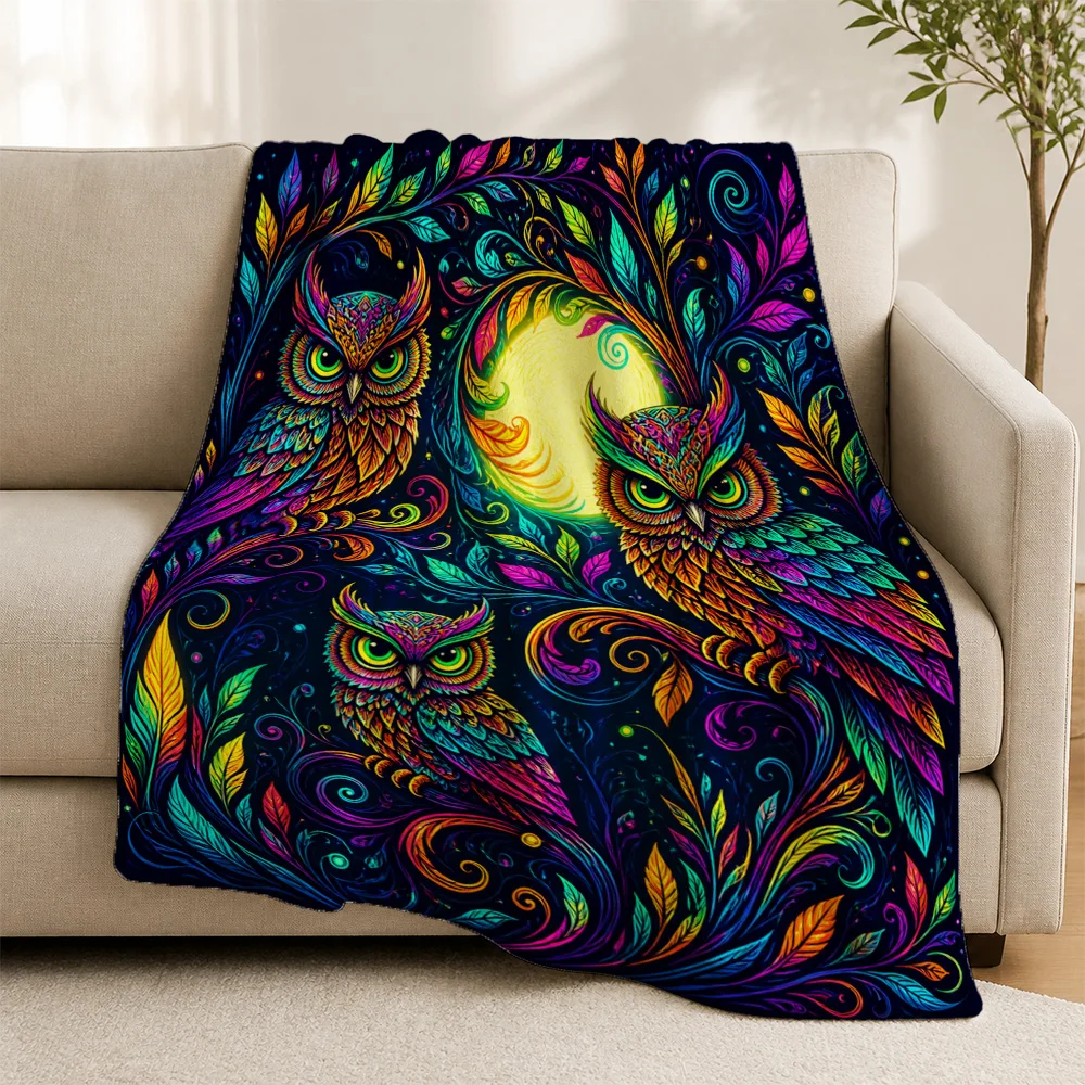 Bohemian Owl Print Psychedelic Throw Blanket Fleece Sofa Cover Vivid Boho Art Home Decor Accent Gift Idea