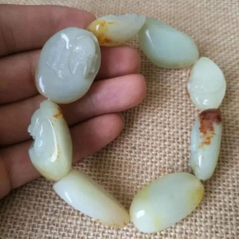 

Hotan Jade Original Stone Carved Bracelet Eight Immortals Male Female Bracelet Buddha Beads Attract Wealth Field Safety Charm