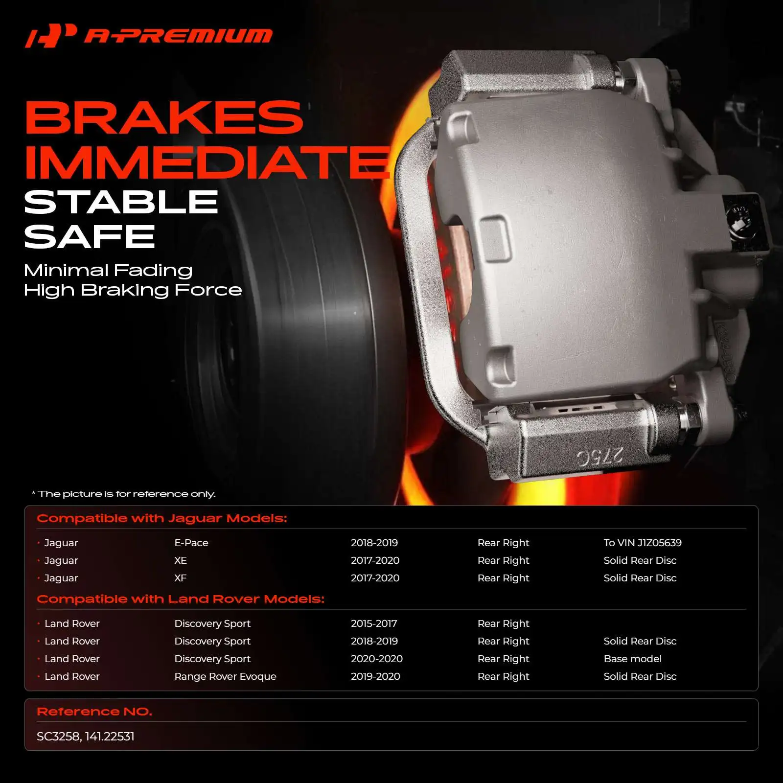 A-Premium Rear Passenger Side Brake Caliper with Bracket for Jaguar XF XE 2017-2020 E-Pace 2018-2019 Land Rover Discovery Sport