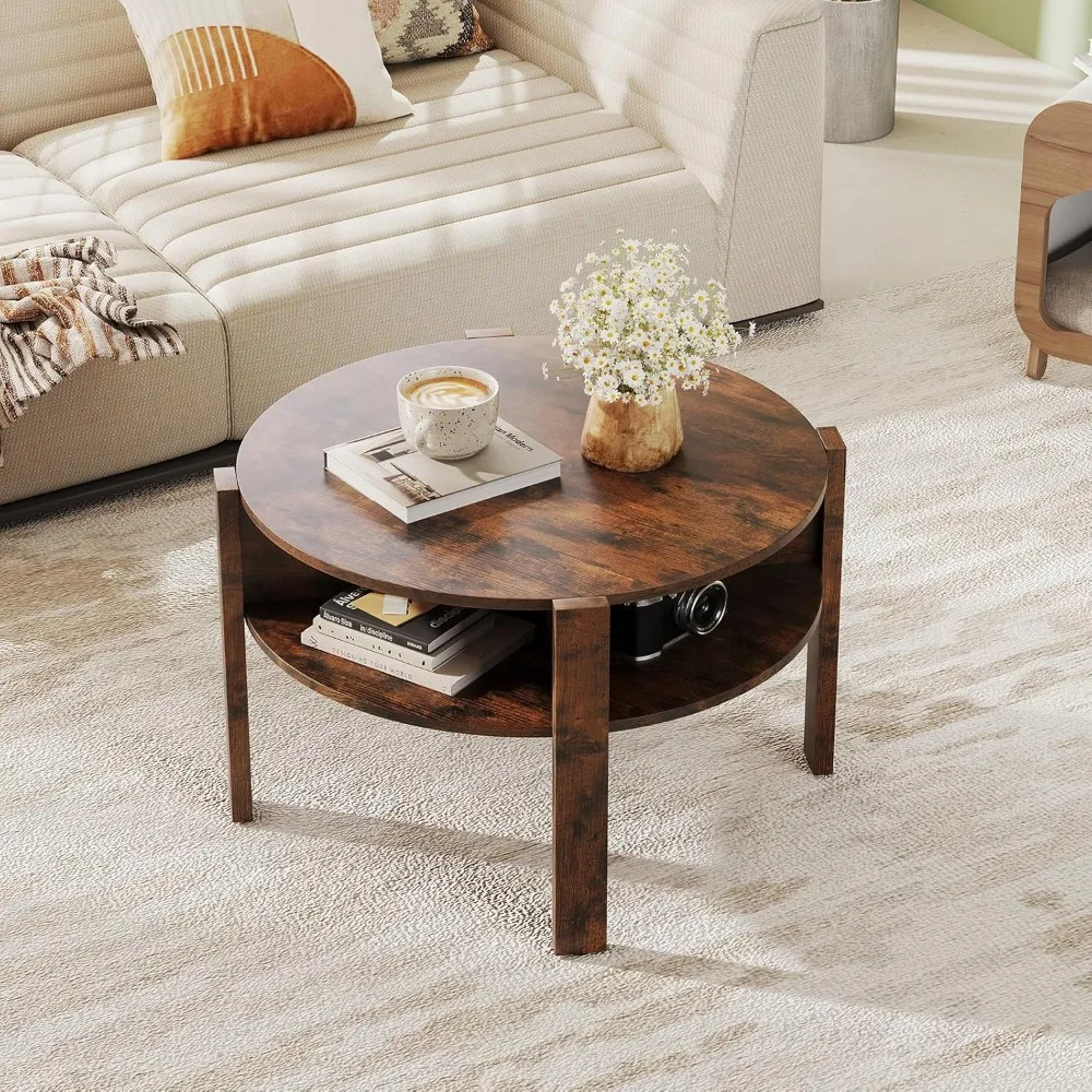 

Round Coffee Table, 29.5” 2-Tier Circle Cocktail Center Table with Storage Shelves, for Small Spaces, Living Room
