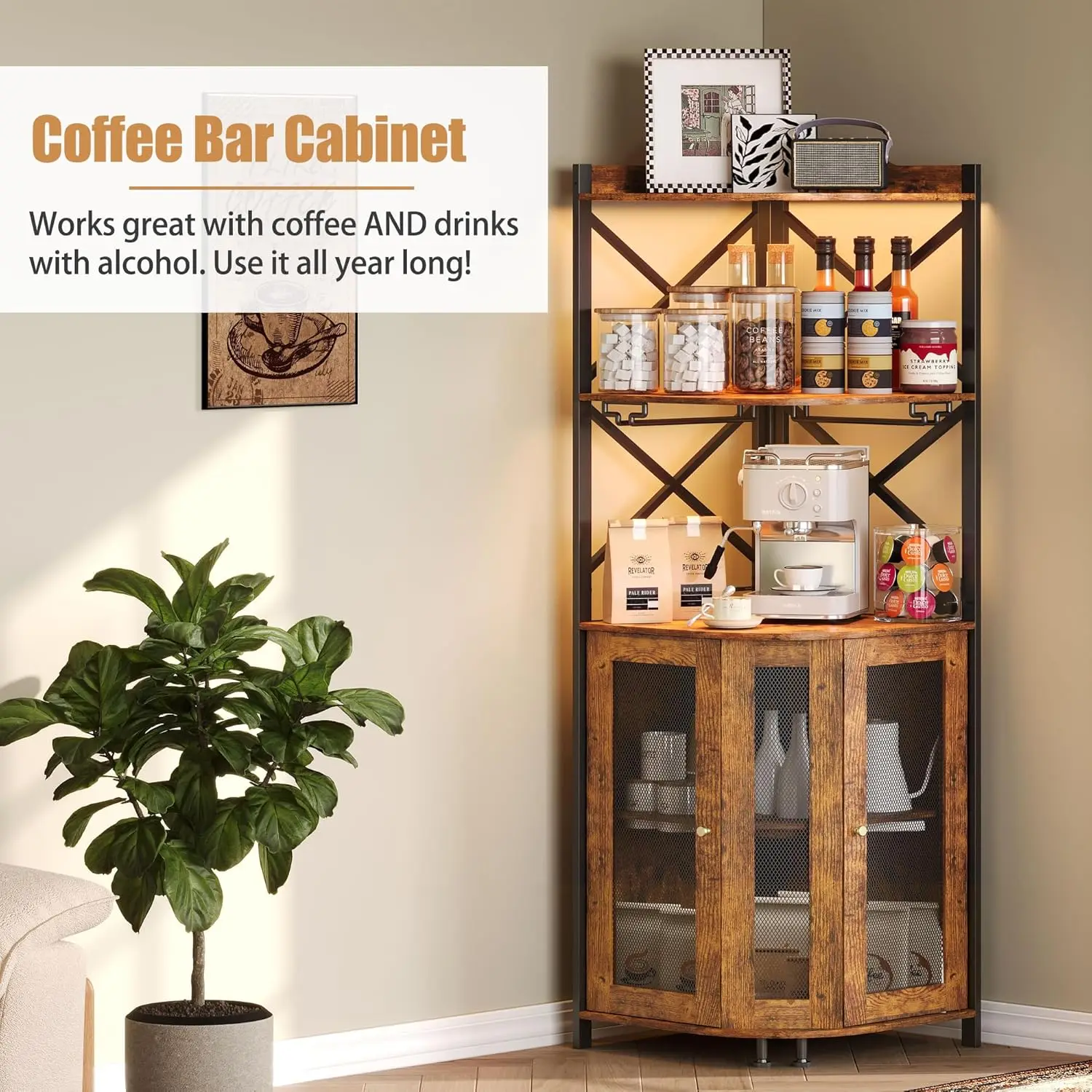 Armário de bar de canto com luzes LED, armário industrial de bar de vinho de 5 camadas com suporte de vidro, armários de bebidas de fazenda com prateleira