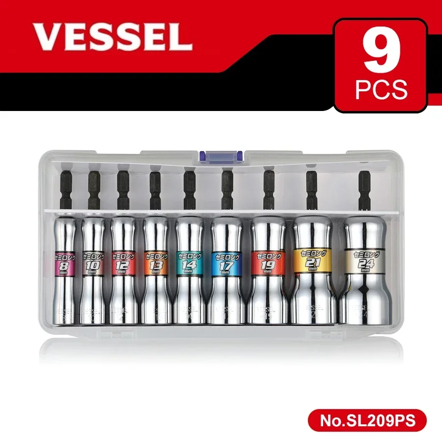 VESSEL SL209PS 9-teiliges starr geschmiedetes Steckschlüsselset, halblanger Sechskant-Bit-Schlüssel, Ratschen-Steckschlüssel, Adapter, Werkzeuge zum Entfernen von Muttern, Elektro-Werkzeuge