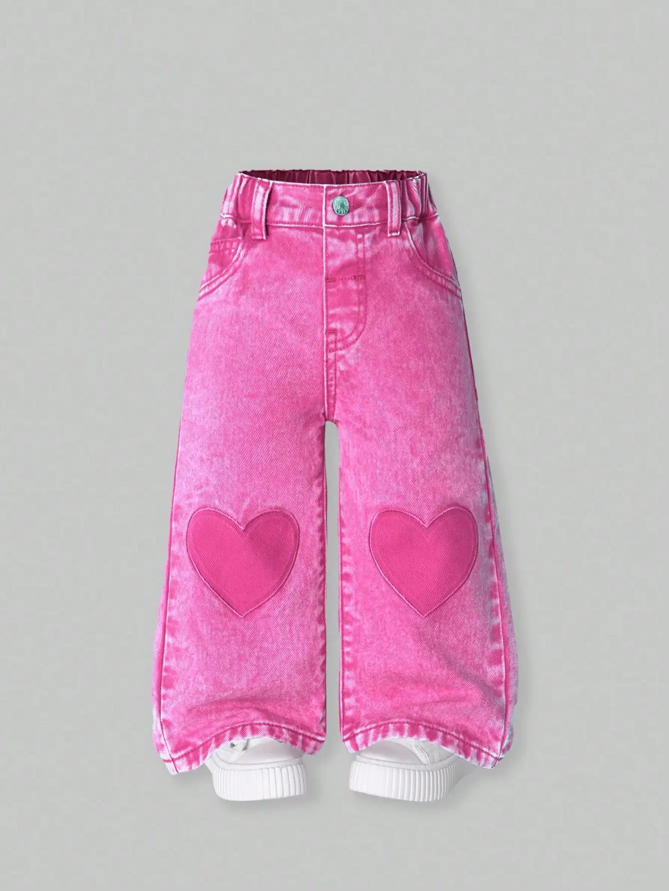 

Pink Washed Denim Baggy Pants for Girls with Heart Patches, Loose Fit Casual Trousers