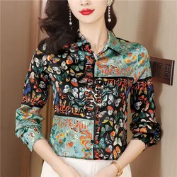 Women Clothing Elegant Fashion Shirts Lady Turn-down Collar Vintage Printed Blouses Female Long Sleeve Tops