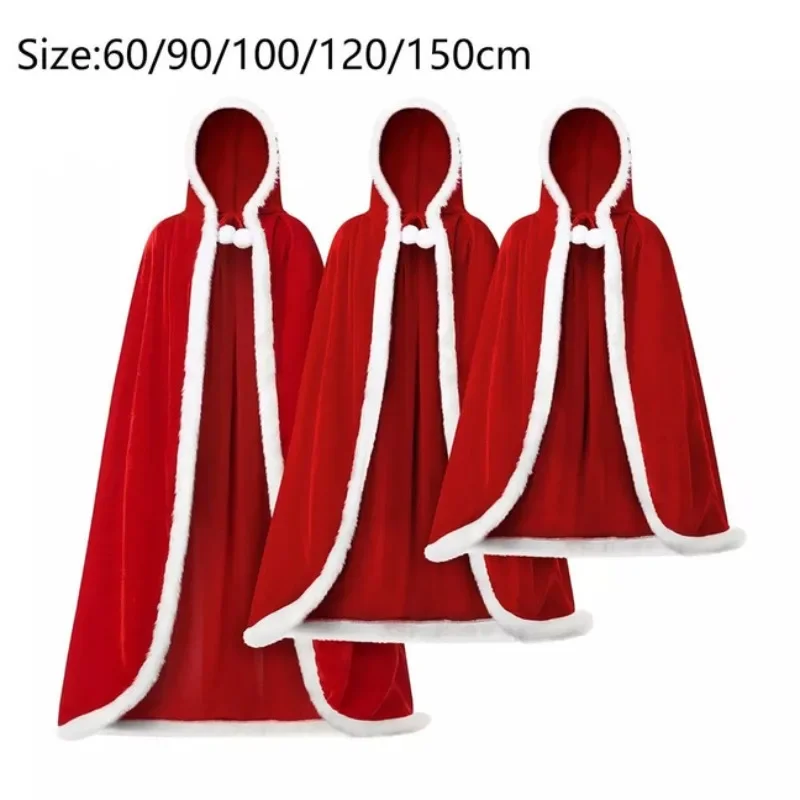 Christmas Cloak Red Velvet White Fur Trim Hooded Long Christmas Cloak Pom Pom Multi Size Cape Adults Xmas Party Costume Outfit