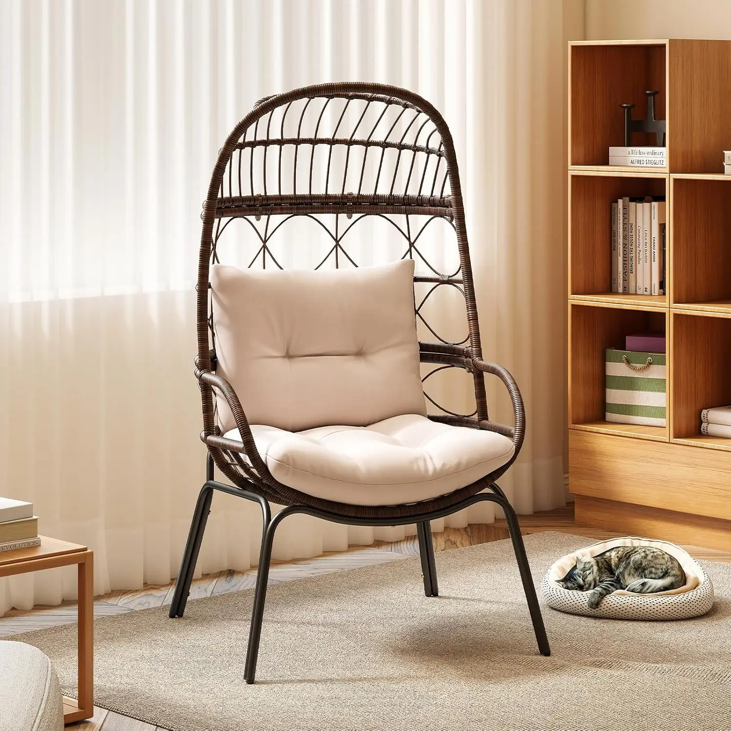 PE Wicker Egg Chair with Cushions & Metal Frame, Outdoor Patio Balcony Basket Lounger 400 lbs, Customized