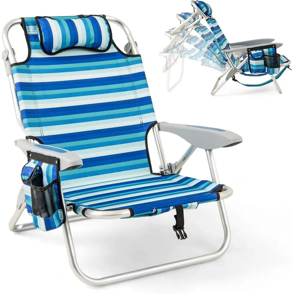 

High-Capacity Folding Beach Chair with 4-Position Backrest, Storage Pockets, Towel Bar, and Adjustable Lounge for Adults