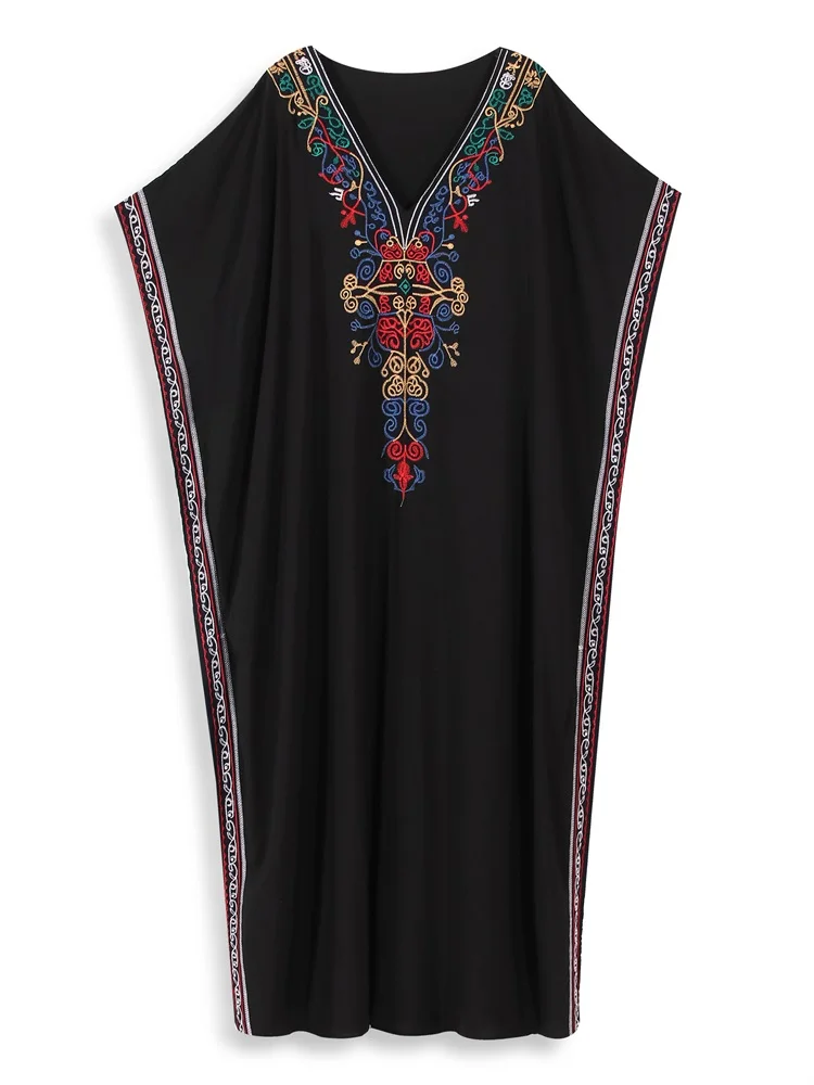 2024 Elegancki kolorowy haft Plus Size Kaftan Kobiety Vintage V-Neck Side Split Długa sukienka Sexy Beach Swimsuit Cover Up Q1705