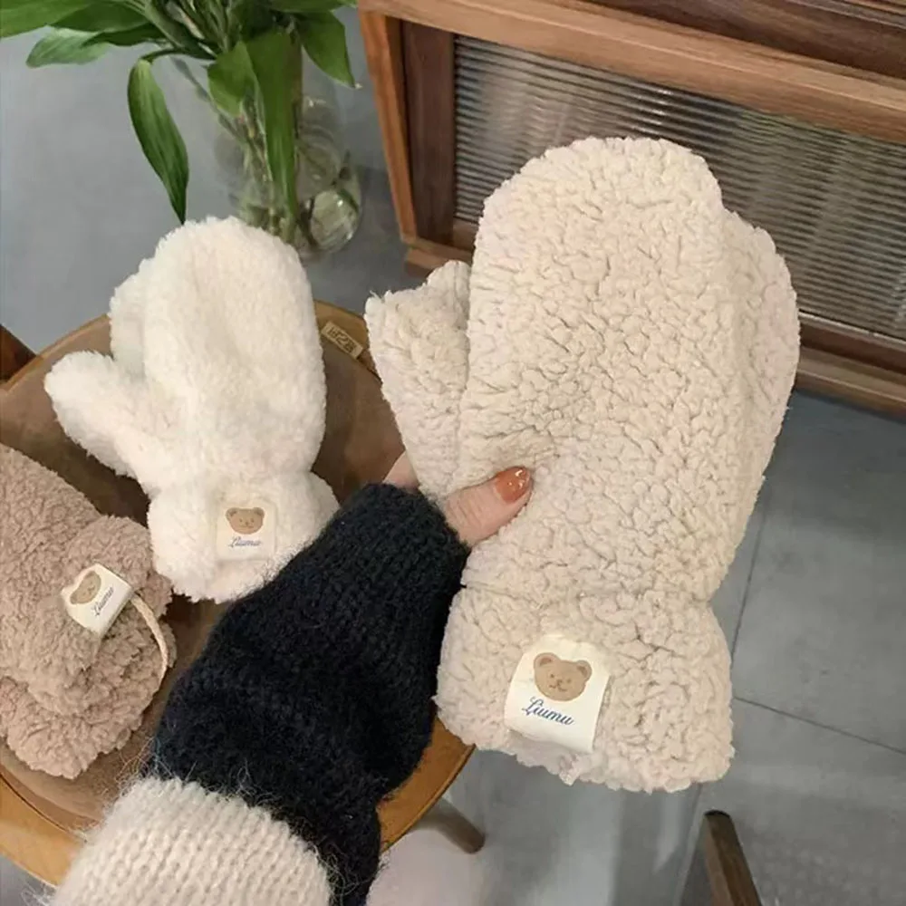 Cartoon Bear Women Mittens Winter Warm Cashmere Gloves Imitation Lamb Fur Thickening Warm Full Finger Gloves Handschoen Guantes