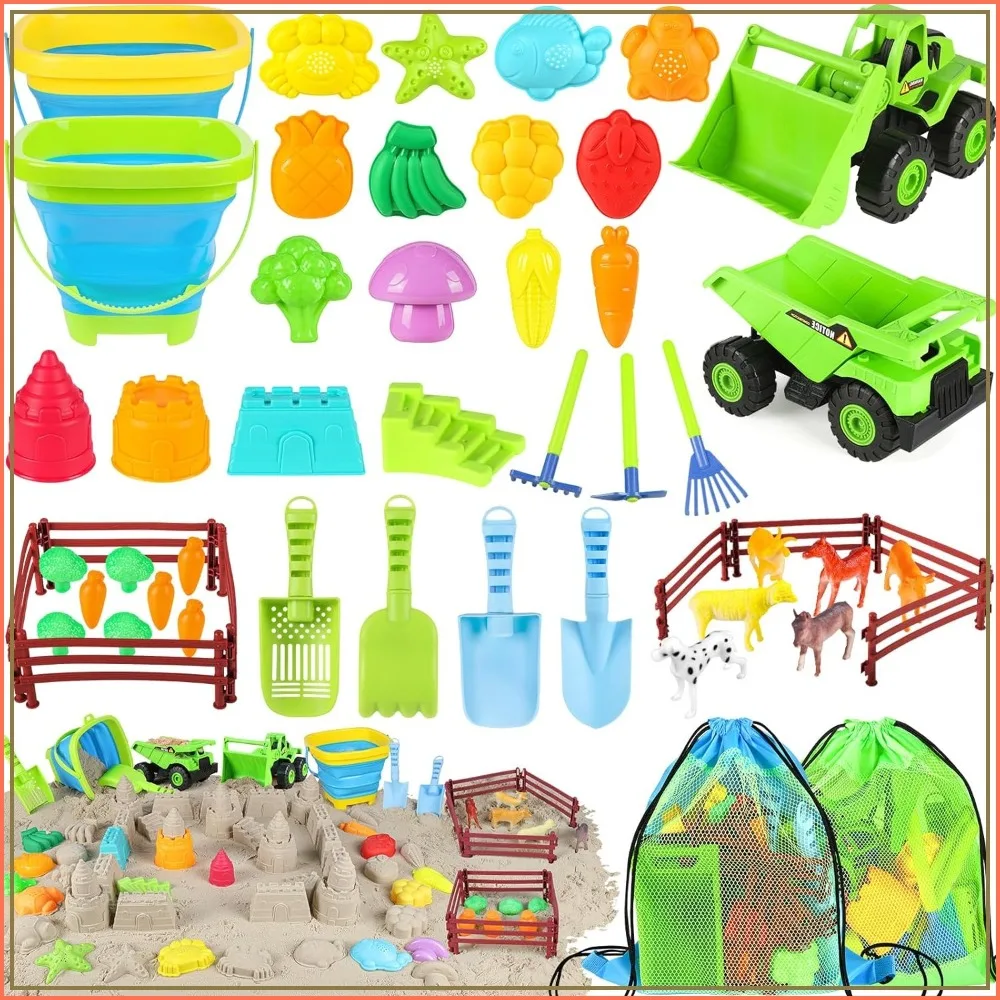 

Beach Sand Toys: 2 Trucks, 2 Collapsible Buckets, Sand Molds, Farm Animals, Mesh Bag, Multi-Scene Play Set for Summer Travel