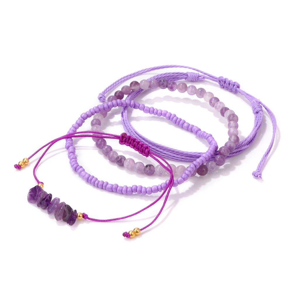 4pcs/set Purple Rope Bracelet Amethysts Lilac Jaspers Natural Stone Beads Multi Layer Bracelet Set For Women Men Boho Jewelry