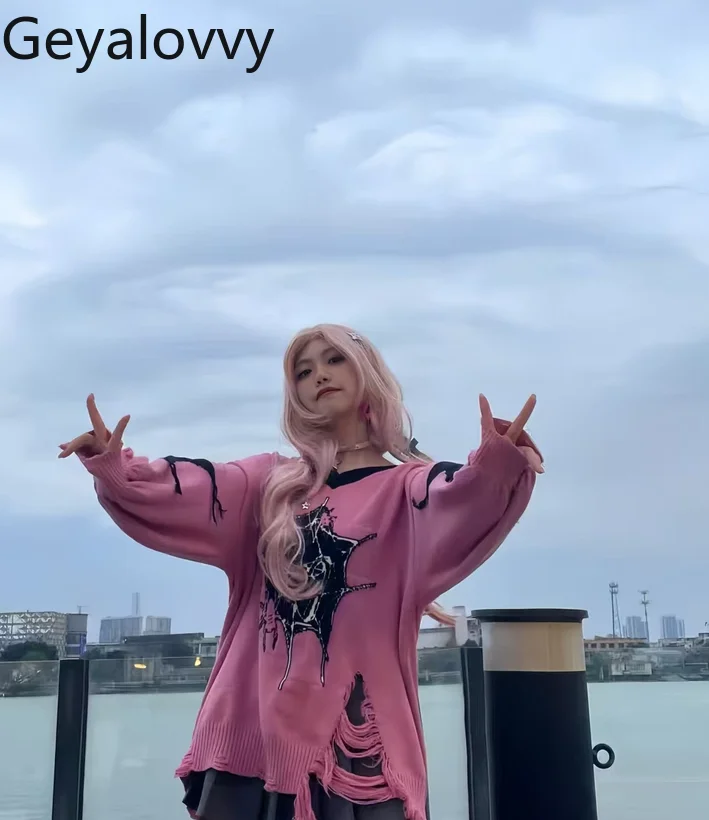 

Subculture Distressed Y2K Hot Girl вязаный свитер для женщин осень и зима милый черный красный свободный пуловер с v-образным вырезом пальто