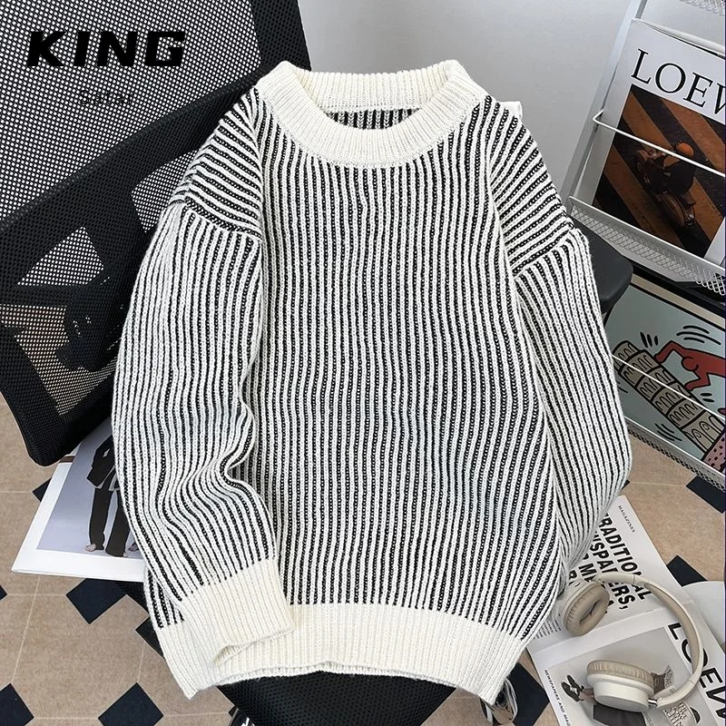 

WHXS Новый осенне-зимний полосатый трикотаж, круглый свободный повседневный свитер для пар, удобный ленивый свитер из полиэфирного волокна, длинный слэ...