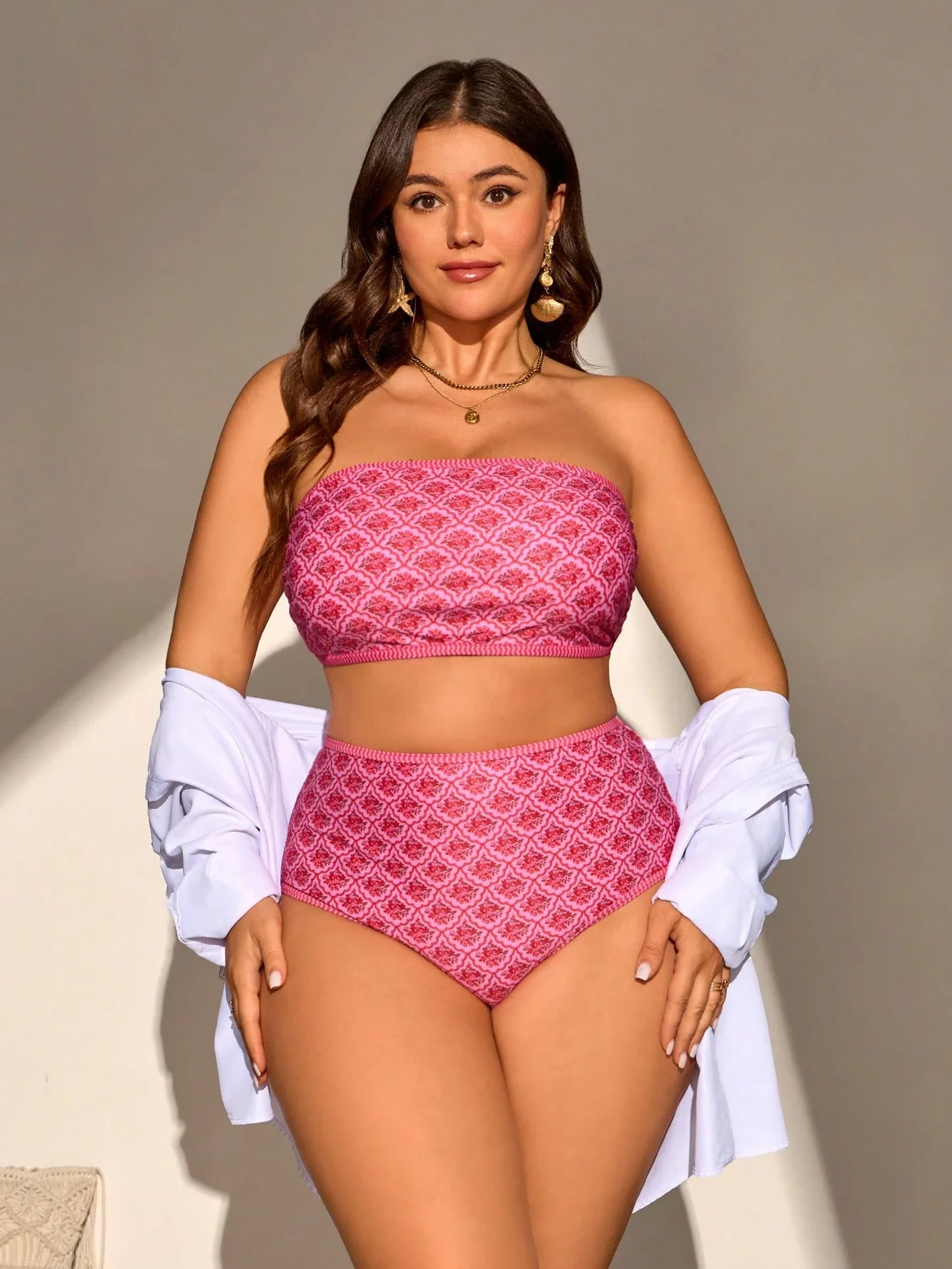 

Комплект бикини-бандо больших размеров с принтом по всей поверхности, пляжный купальник с высокой талией