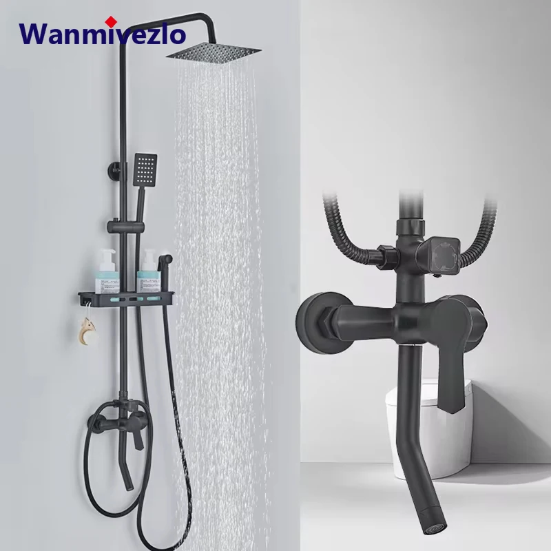 Black Brass Shower Faucets Bathroom Shower Mixer Crane Bidet Faucet &Storage Shelf Rain Shower Set Shower Spray Shower Water Tap