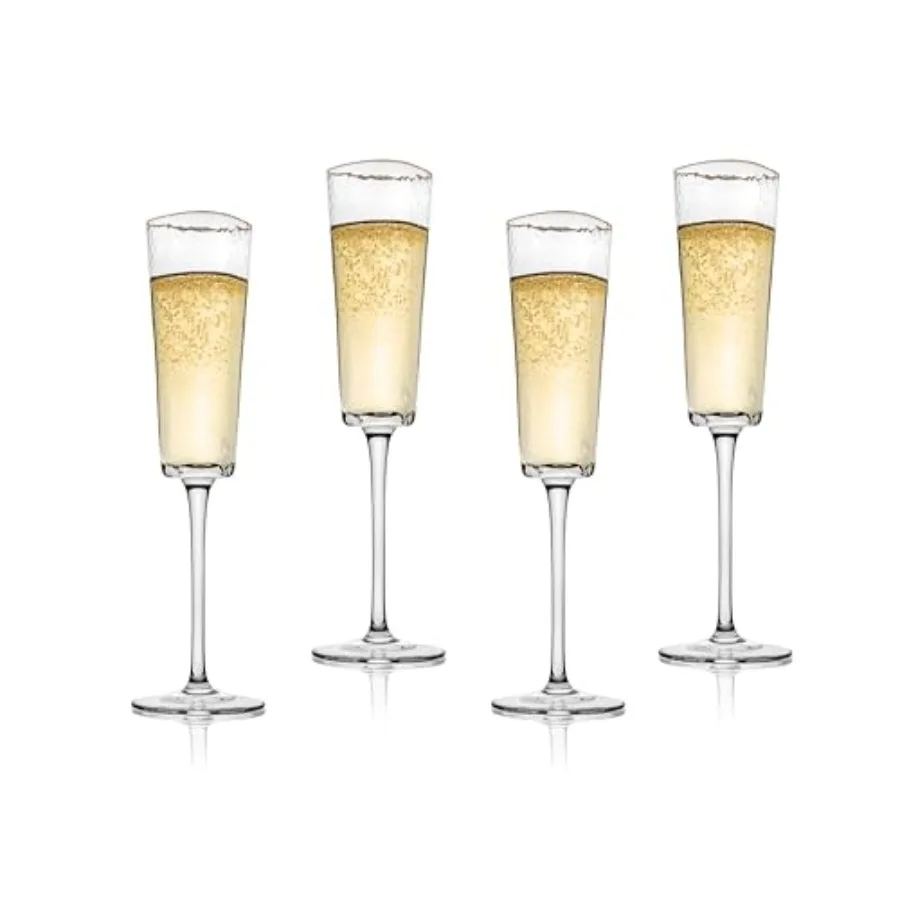 

Gold Rimmed Champagne Flutes Set of 4 6oz Handblown Triangular Hammered Glass Elegant Stemware for Mimosas Prosecco and Wedding