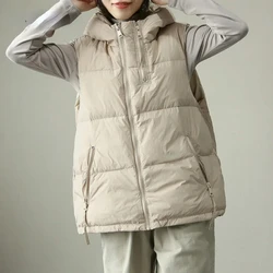 2024 Autumn Winter New Women White Duck Down Vest Hood Warm Over Size Casual Sleeveless Jacket Fashionable Gilet Female