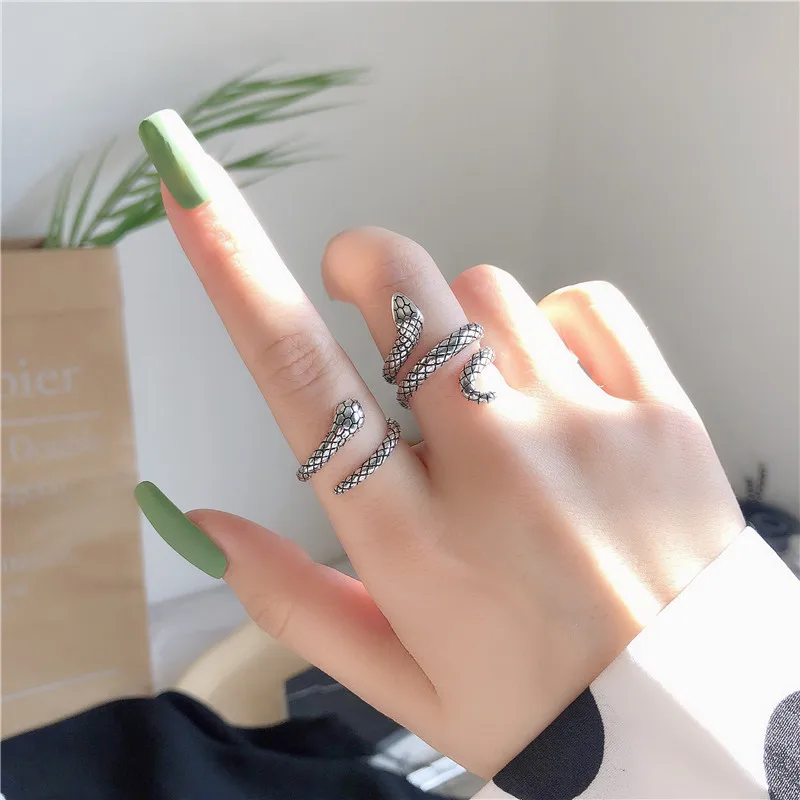 

925 Sterling Silver Retro Punk Exaggerated Spirit Snake Ring Fashion Personality Stereoscopic for Women Men Adjustable Jewelry