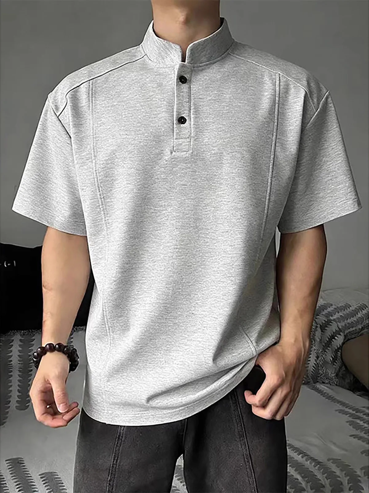Light Grey Men's  Shirt Fitness Sport Standard Fit Short Sleeve Button-down Casual Style Heavy-duty Deconstructed T-shirt