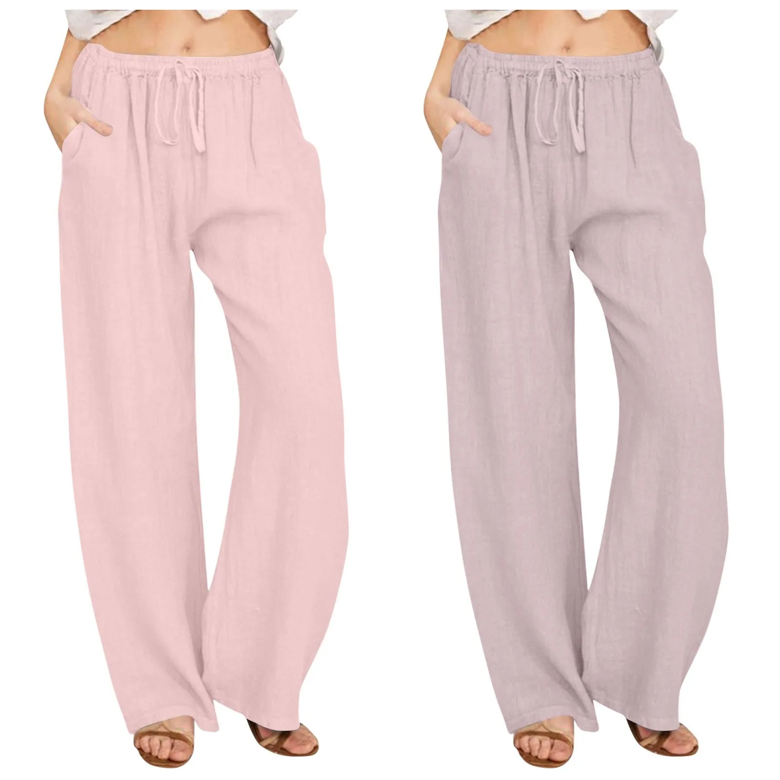 

Women Solid Casual Pocket Wide Leg Pants Elastic Waist Loose Pants Pants for Women Cotton Linen Pant