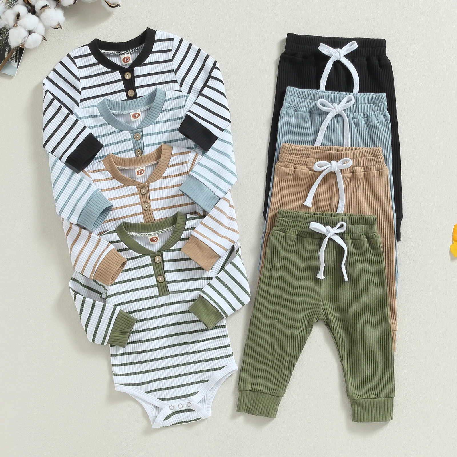 Casual Baby Boy 2Pcs Fall Outfits Long Sleeve Knitted Striped Print Romper Pants Set Infant Warm Clothes Baby\'s Sets