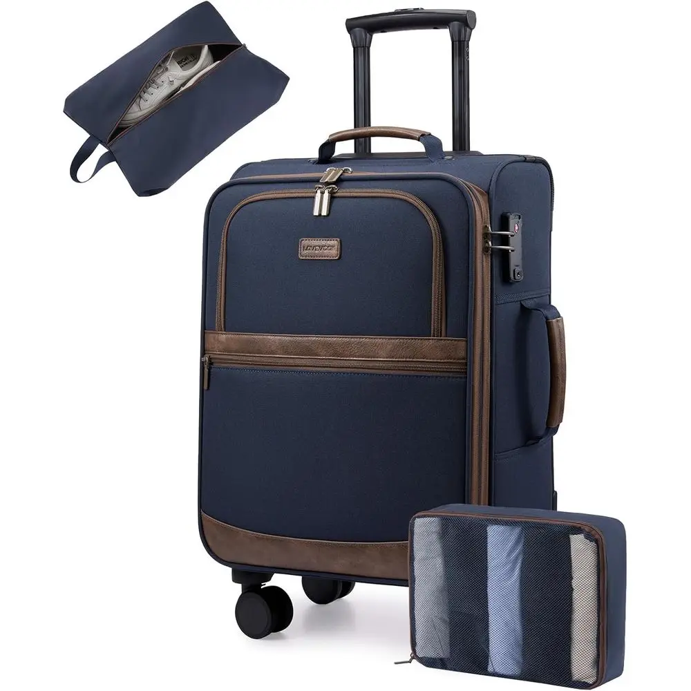 

20-дюймовый чемодан-спиннер, одобренный авиакомпаниями, с замком TSA для мужчин и женщин, для деловых поездок или путешествий на выходные, темно-синий и коричневый