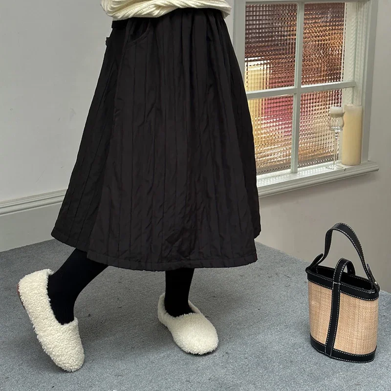 2024 Winter Children\'S Plush Skirt Girl\'S Korean Versatile Fashion Double Layered Thickened Half Skirt Stripe Panel Pocket Skirt