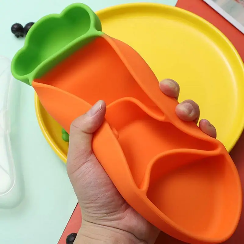 Suction Plate For Baby 4 Compartment Toddler Self Feeding Plates Kids Silicone Dinner Plates With Carrot Shape Feeding Tableware