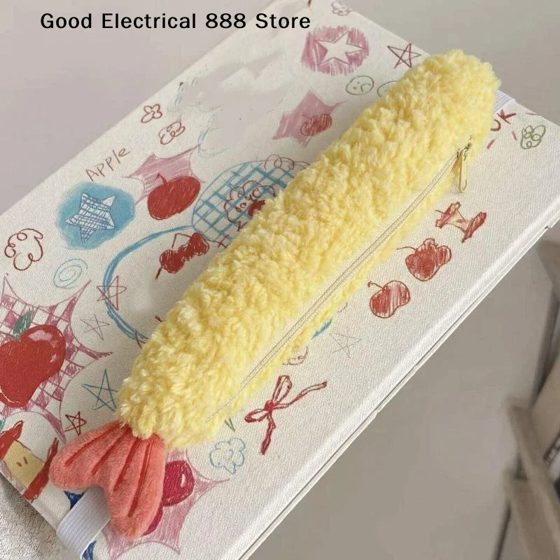 【G】1Pcs Cute Fried Shrimp Tail Ribbon Pen Case, Single-layer Portable Stationery Organizer With INS Style Fleece, Student School