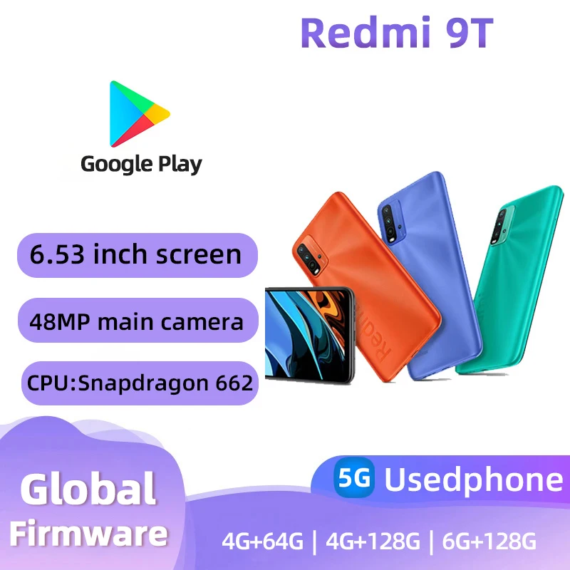 Redmi 9T 4G Android 6.53 inch RAM 4GB ROM 64GB CPU Snapdragon 662 48MP Camera 6000 mAh Used phone