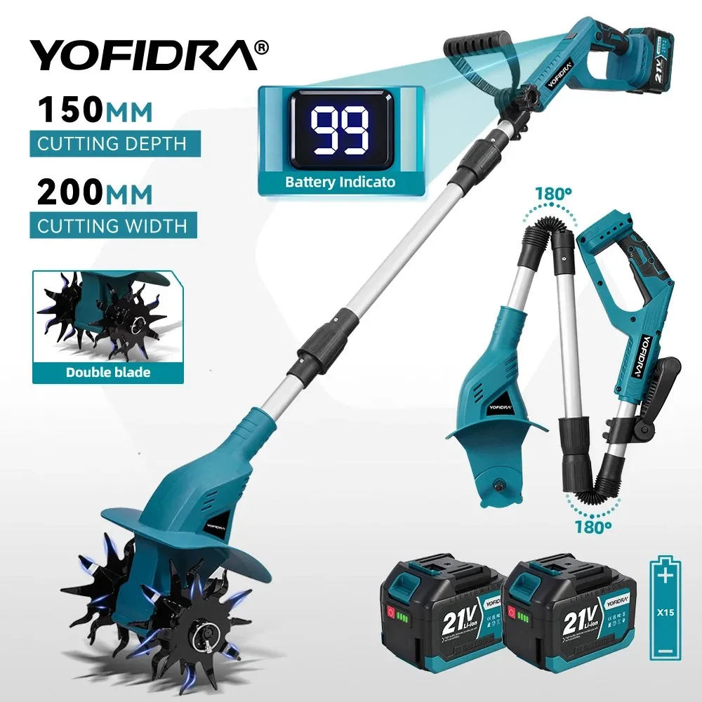 YOFIDRA-escarificador eléctrico de jardín, cultivador de suelo, Rototiller, cortacésped, herramienta de aflojamiento para Pin de batería Makita de 21V, 1200W