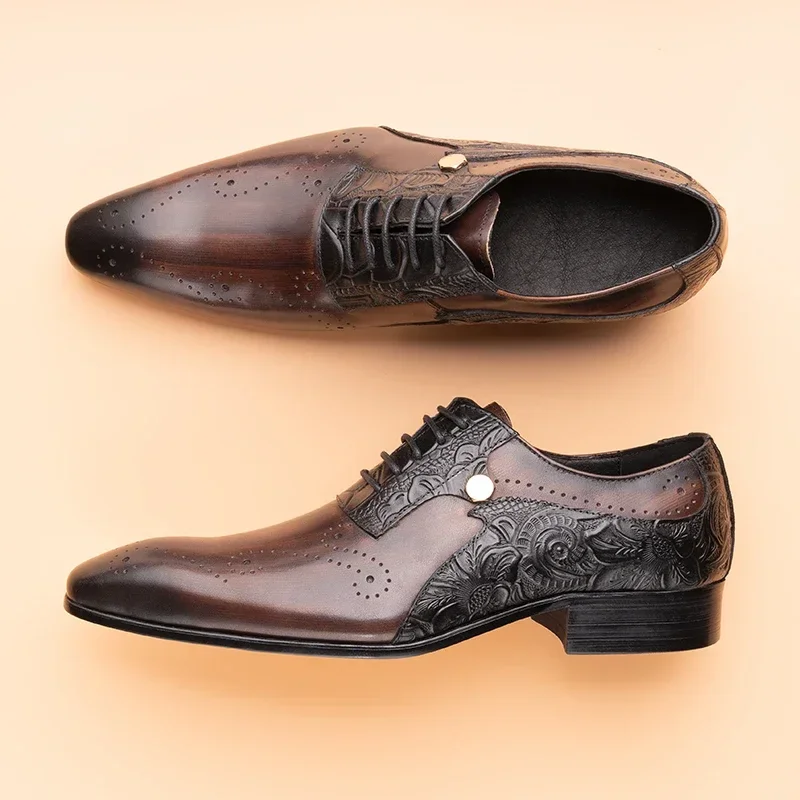 Mens Wedding Dress Brogue Genuine Leather Lace-up Latest Design Fashion Color Match Handmade Leather Man Pointed Dress Shoes