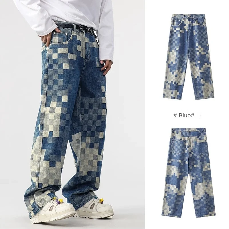 Mosaic Printed Jeans for Men 2024 New Chessboard Plaid Trendy Loose Wide Leg Straight Casual Trousers Spring and Autumn