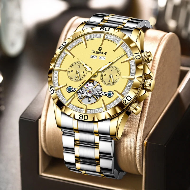 2024 GLENAW Men\'s Mechanical Watch Original Skeleton Waterproof Luminous Multifunctional Stainless Steel Date Automatic Watch