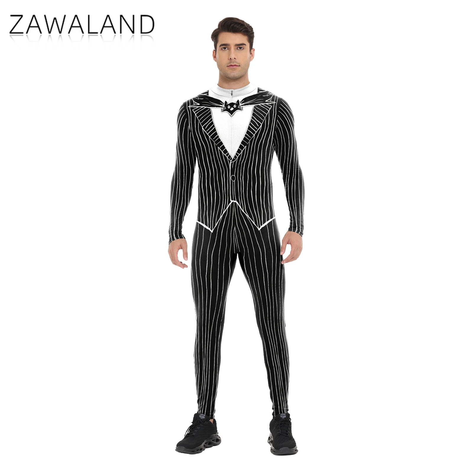 Jack preto branco listra cosplay traje tailcoat impressão bodysuit para o homem festa de halloween desempenho macacão carnaval roupas