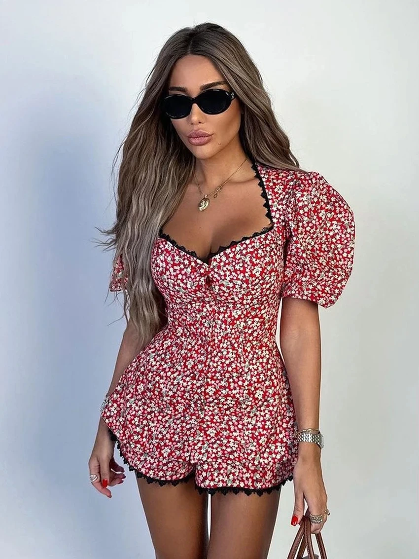 Summer Fashion Bubble Sleeve Top Paired With High Waisted Shorts For Women's Street Sexy Slim Fit Printed Two-Piece Women's Suit