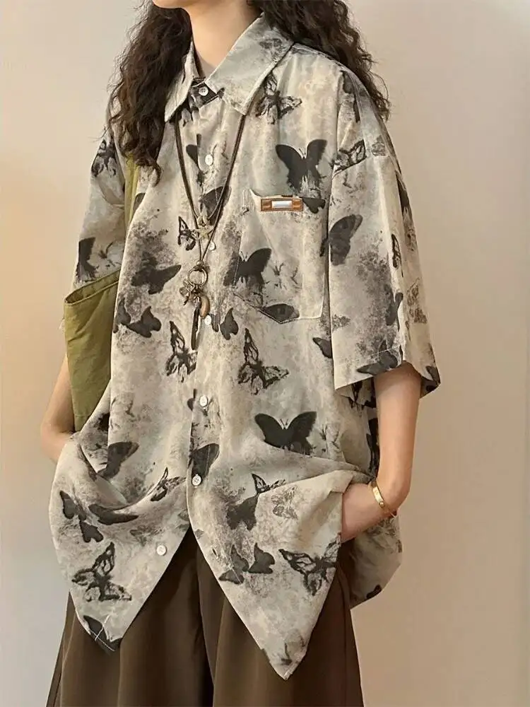 Butterfly Blouse Ladies Long Sleeve Women Shirt Beach Shirts Kawaii Summer Clothes Cover-Up Top Casual