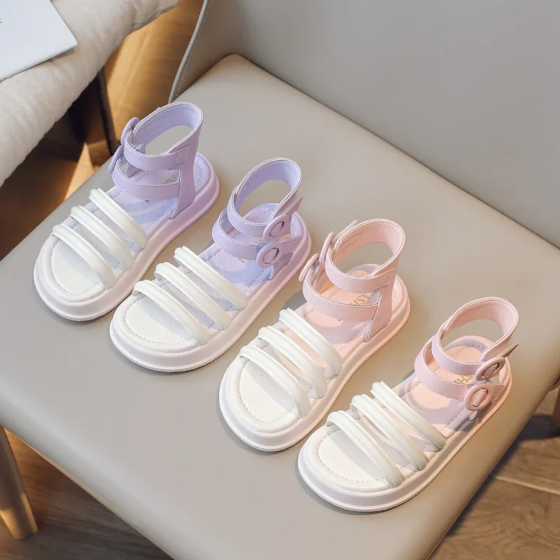 2024 Summer New Sandals Children's Roman Sweet Soft Sole Beach Shoes for Girls Fashionable Comfortable Gradient Princess Shoes