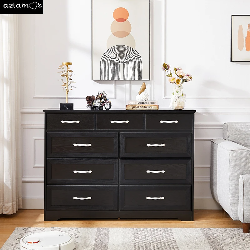 

Bedroom dresser, 9 drawer long dresser with antique handles, wood chest of drawers for kids room, living room, entry and hallway