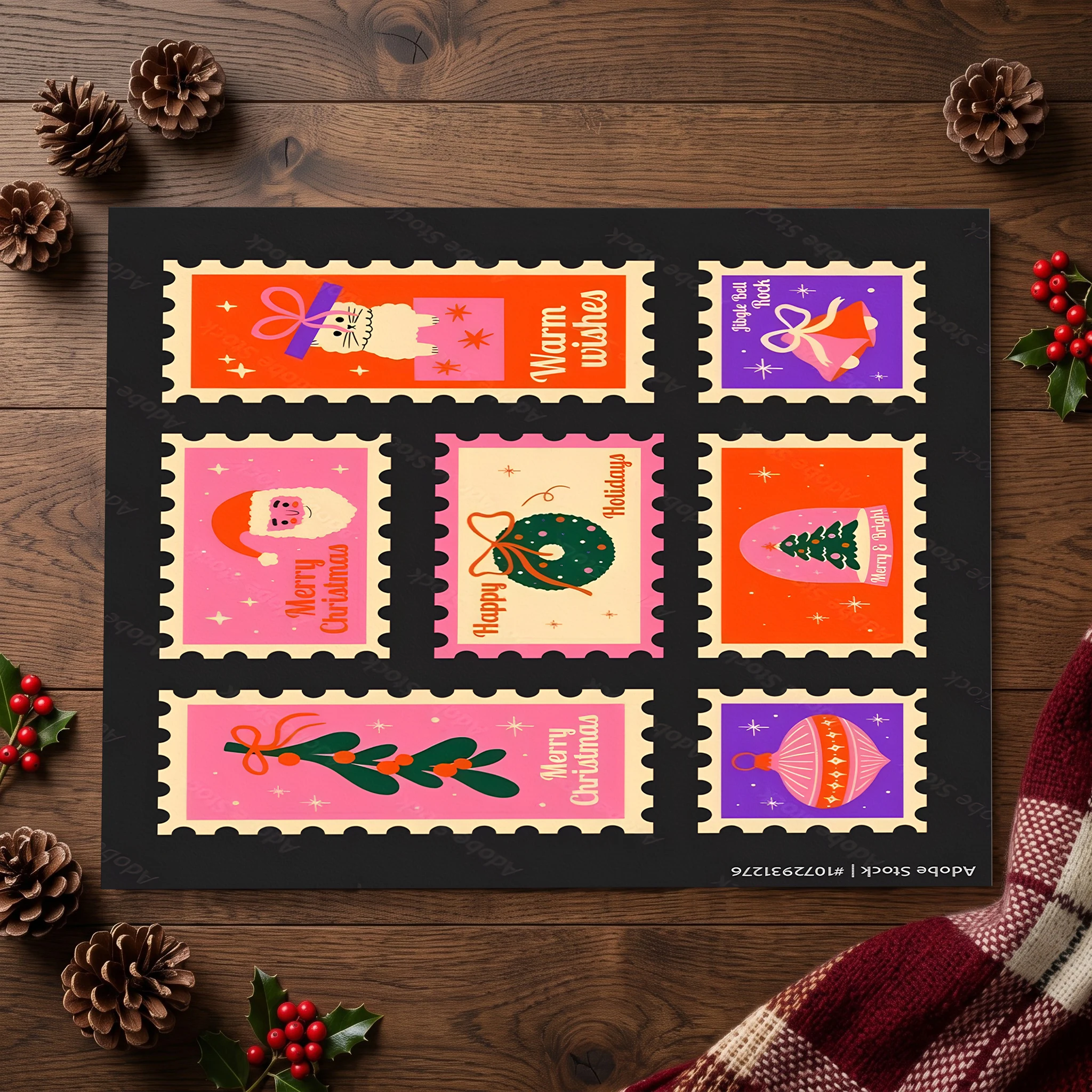 Velvet Rug Christmas Stamp Collage Merry Christmas Slogan Retro Style for Entryway Bedroom Living Room Home Decor