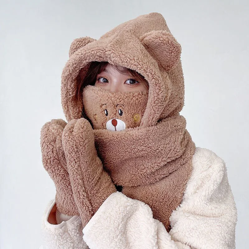 Conjunto de guantes y bufanda de oreja de oso para mujer, máscara de lana de cordero, sombreros de una pieza a prueba de viento, gorros gruesos de felpa cálida, gorro de invierno