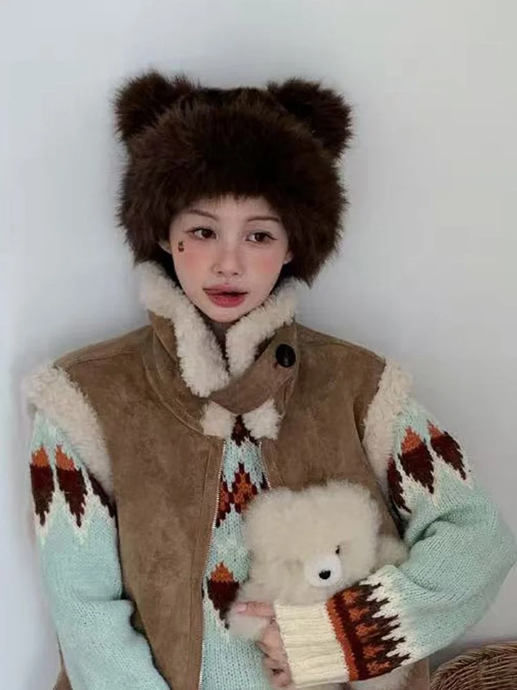 Arnapan Bear Ear Leopard Print Flower Pot Cap Cute Anti-Aging Plush Bear Hat Simulation Fur Warmth Winter Non-Folding Casual